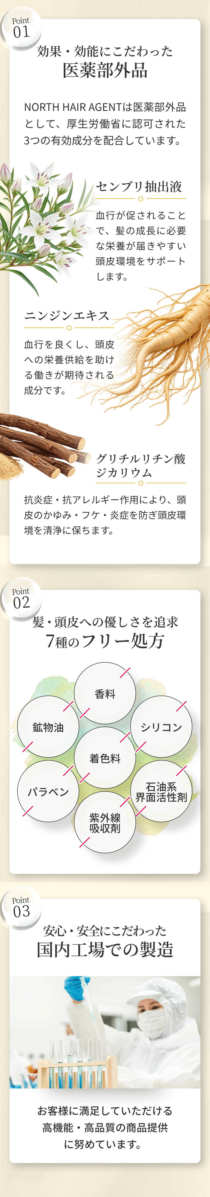 医薬部外品、7種のフリー処方、国内工場での製造