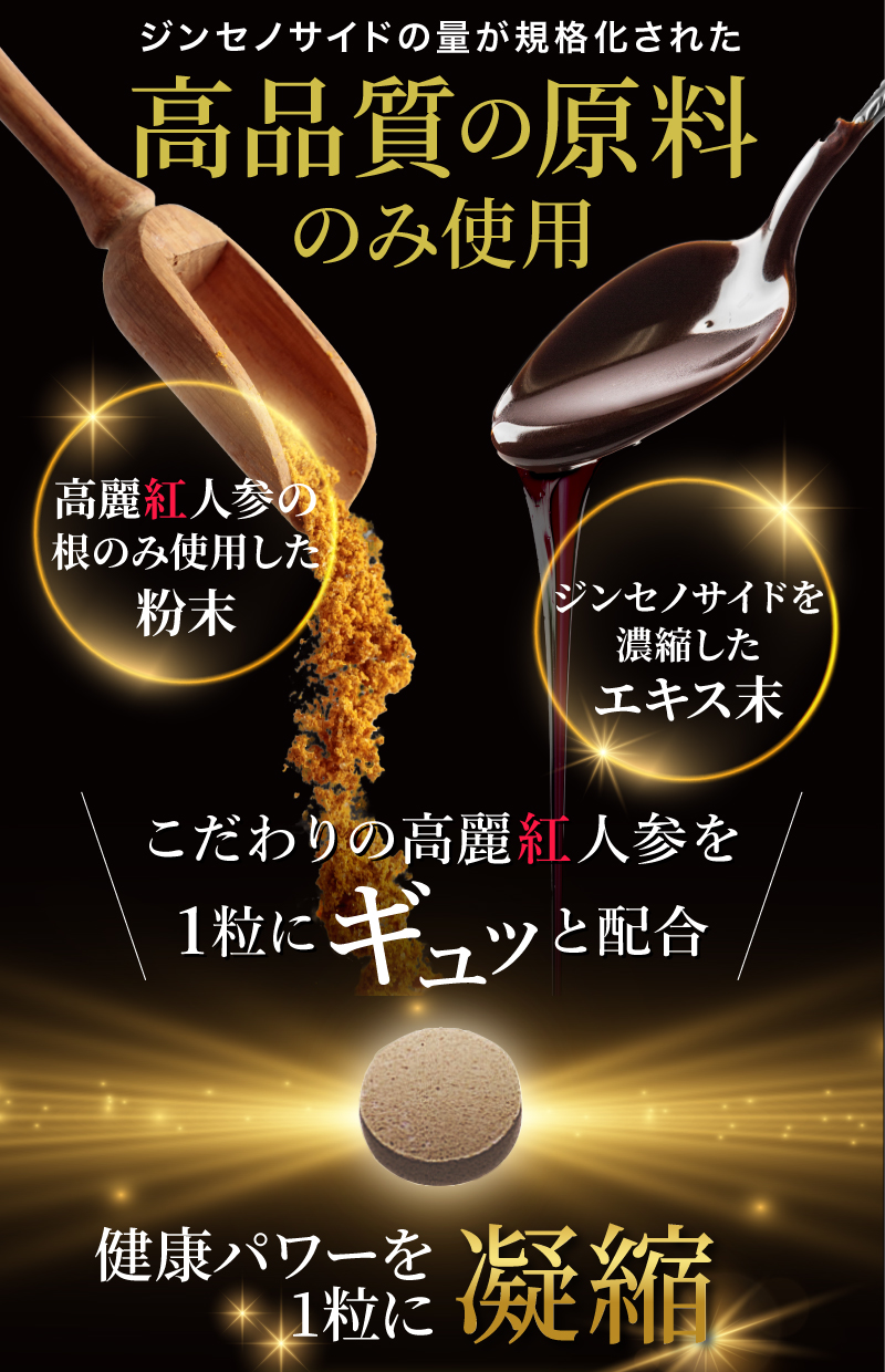 ジンセノサイドの量が規格化された高品質の原料のみ使用
					高麗紅人参の根のみ使用した粉末　ジンセノサイドを
濃縮したエキス末　こだわりの高麗紅人参を1粒にギュッ と配合