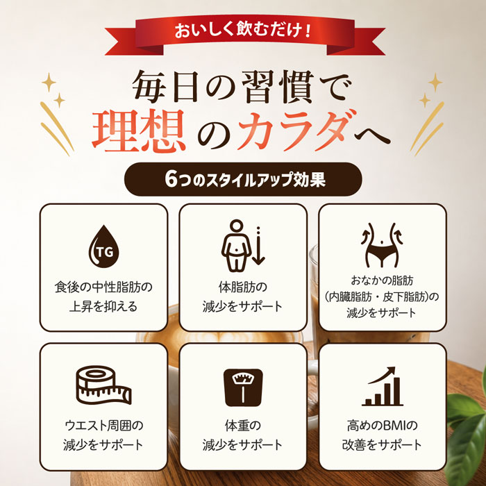 おいしく飲むだけ！毎日の習慣で理想のカラダへ。6つのスタイルアップ効果