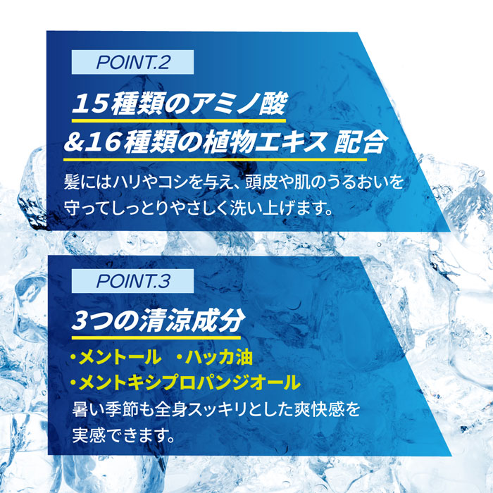 商品特徴POINT.2：15種類のアミノ酸&16種類の植物エキス配合。POINT.3：3つの清涼成分を配合。暑い季節も全身スッキリとした爽快感を実感できます。
