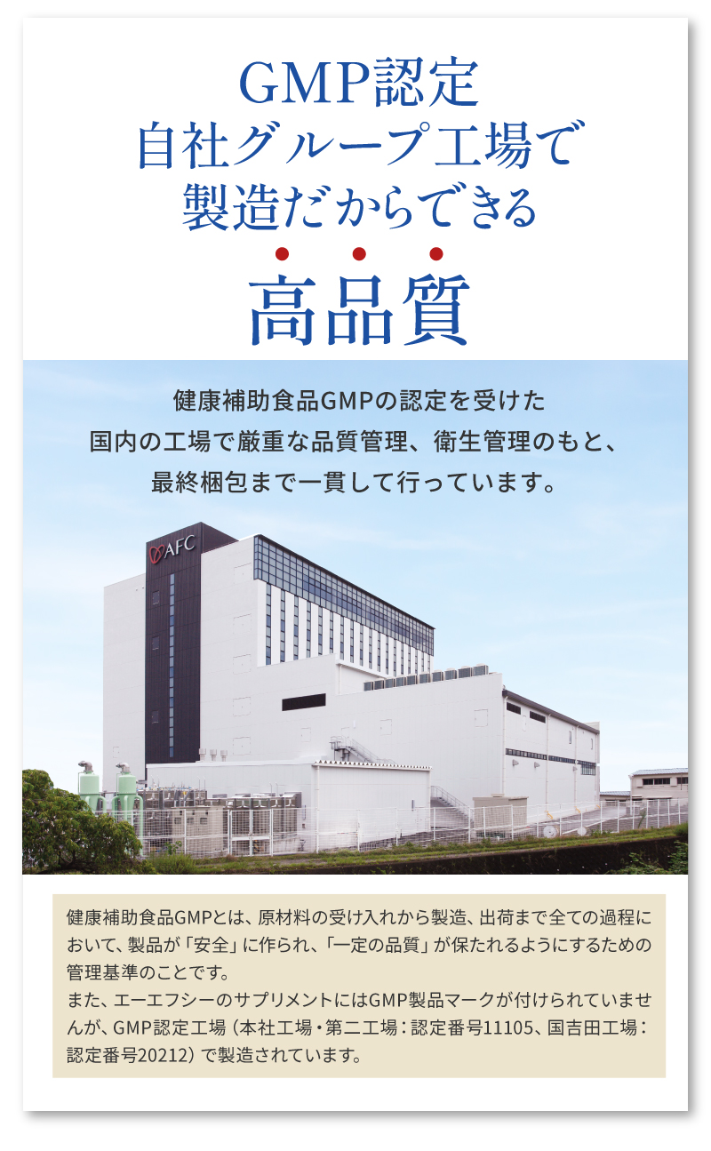 国内グループ工場で製造

健康補助食品GMP認定工場 徹底的な品質へのこだわり