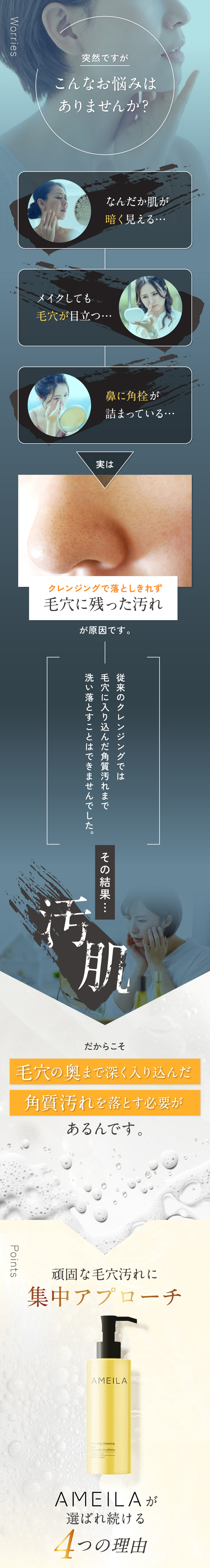 Worrier 突然ですがこんなお悩みはありませんか？ なんだか肌が暗く見える… メイクしても毛穴が目立つ… 鼻に角栓が詰まっている… 実は クレンジングで落としきれず毛穴に残った汚れが原因です。従来のクレンジングでは毛穴に入り込んだ角質汚れまで洗い落とすことはできませんでした。その結果…汚肌 だからこそ毛穴の奥まで深く入り込んだ角質汚れを落とす必要があるんです。 Points 頑固な毛穴汚れに集中アプローチ AMEILAが選ばれ続ける4つの理由