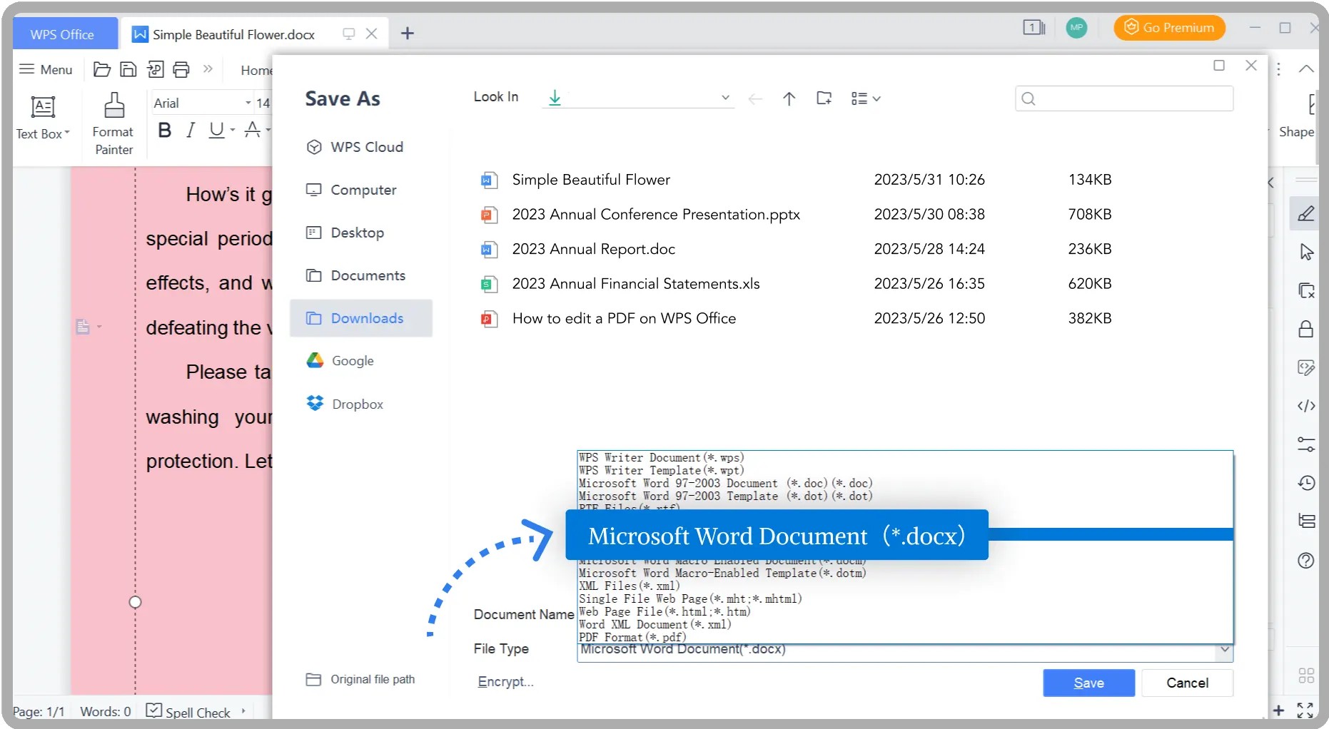 WPS Officeでファイルを保存する画面のイメージ