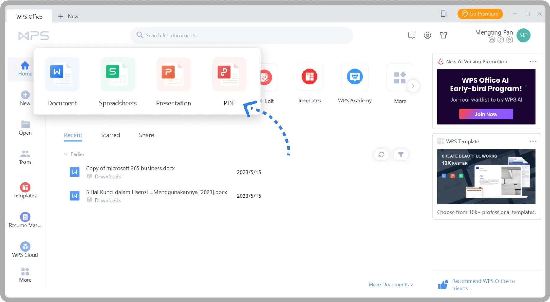 WPS Officeで新しいファイルを作る画面のイメージ