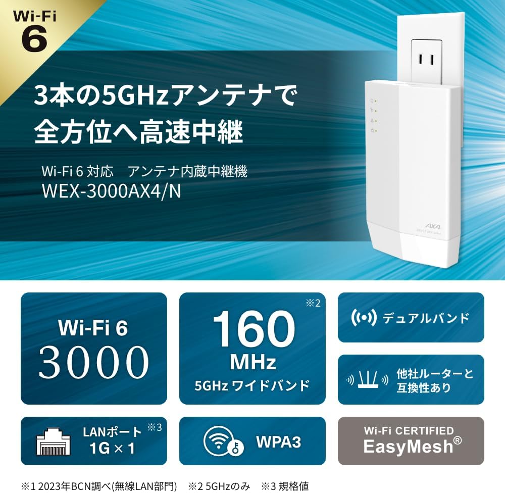 バッファロー Wi-Fi中継機 メッシュ対応で家じゅう快適 WEX-3000AX4 Wi-Fi6・コンセント直挿し