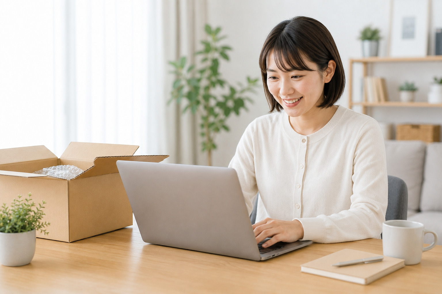 箱を開けてすぐにパソコンを使い始める様子