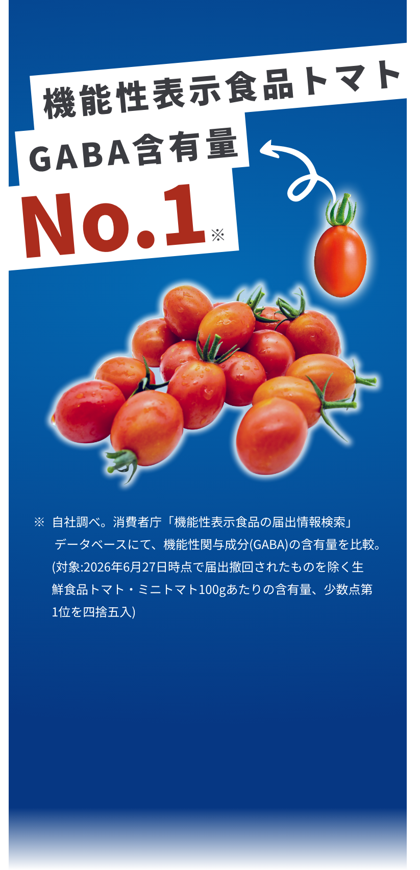 機能性表示食品トマト、GABA含有量No.1。ハイギャバ®トマト。自社調べ：2026年6月27日時点の届出撤回品を除く生鮮食品トマト・ミニトマト100g当たりのGABA含有量を比較（小数点第1位を四捨五入）。