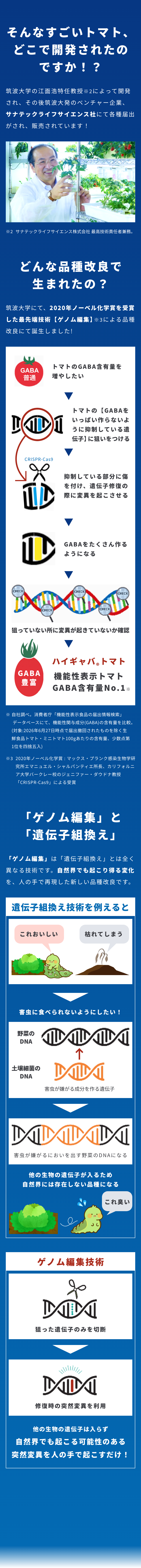 ハイギャバ®トマトの開発と品種改良。筑波大学で開発され、サナテックライフサイエンスが品種を届け出、販売しています。GABA含有量を増やすゲノム編集の仕組みと、遺伝子組換え技術との違いをご紹介。