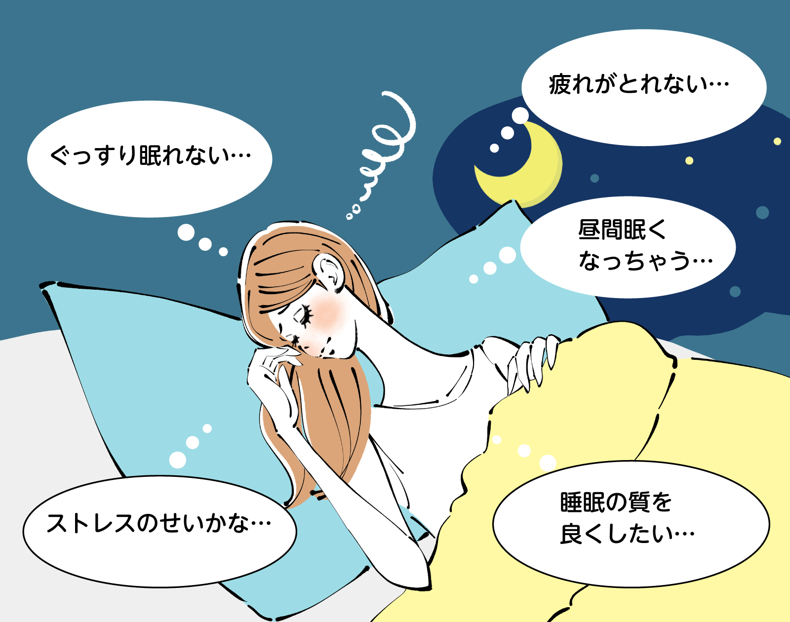 よく眠れない、疲れがとれない、昼間眠くなる、ストレスのせい？睡眠の質を良くしたい_イラスト