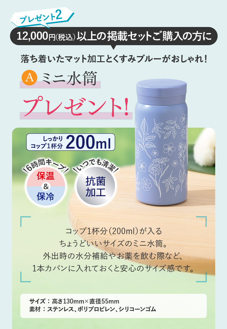 プレゼント2：12,000円以上の掲載セットを購入の方にAミニ水筒プレゼント
