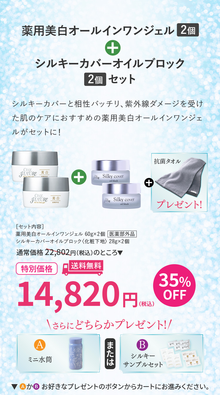薬用美白オールインワンジェル2個＋シルキーカバーオイルブロック2個セット