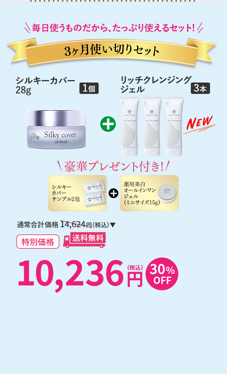 3ヶ月使い切りセット ｼﾙｷｰｶﾊﾞｰ28g1個+リッチクレンジング
ジェル3本ｾｯﾄ