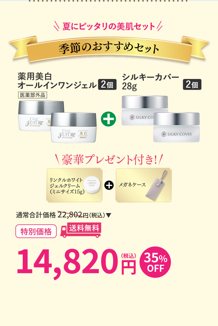 季節のおすすめセット 薬用美白オールインワンジェル(60g)2個+シルキーカバー28g2個