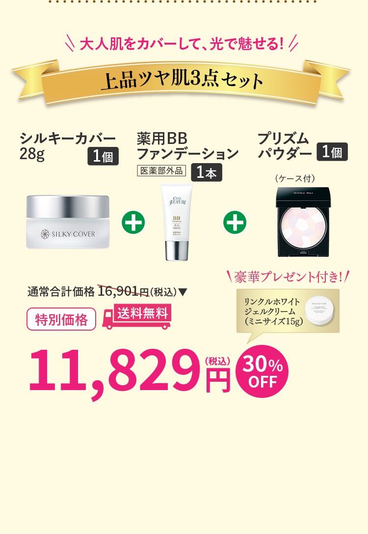 上品ツヤ肌セット(シルキーカバー28g1個+薬用bbファンデーション1個+プリズムパウダー1個)