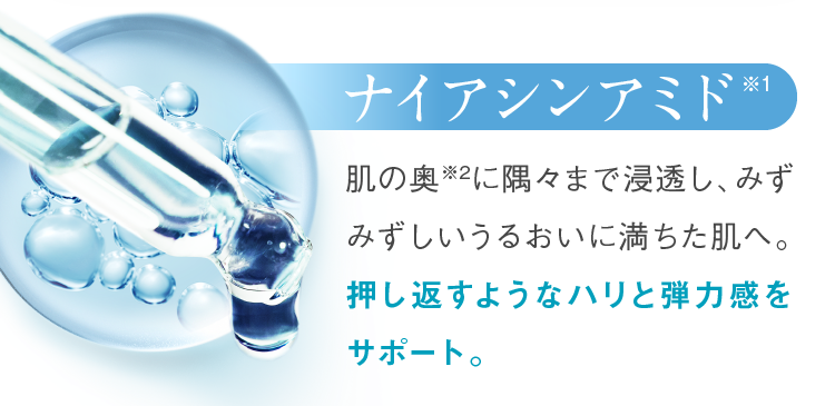 ナイアシンアミド 肌の奥に隅々まで浸透し、みずみずしいうるおいに満ちた肌へ。押し返すようなハリと弾力感をサポート。
