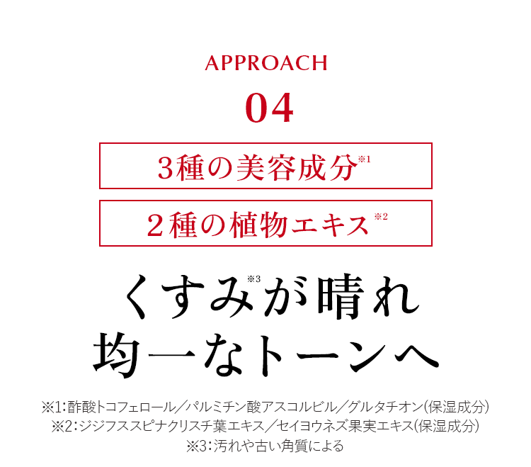 【3種の美白成分】【2種の植物エキス】くすみが晴れ均一なトーンへ