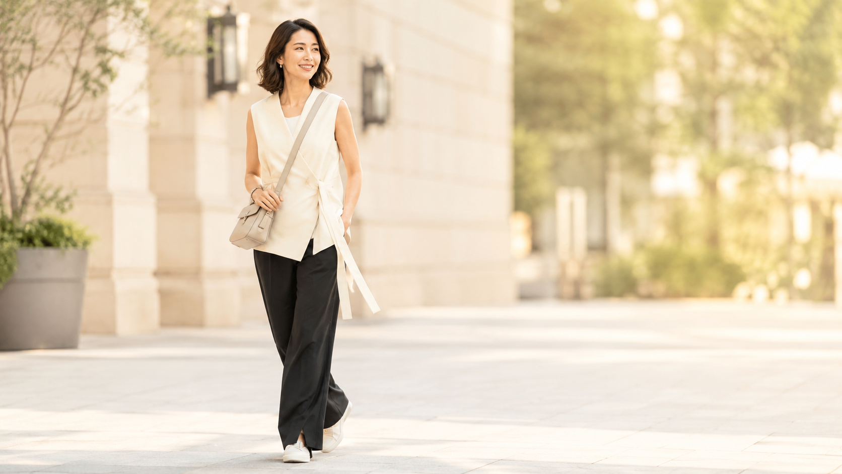 朝の街を、前を向いて歩く女性