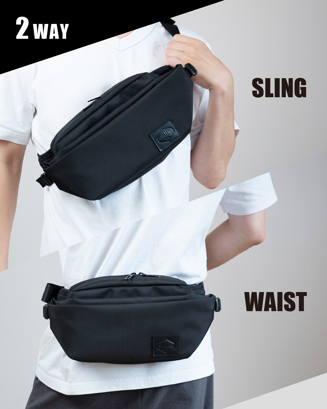 2WAYの使い分け：SLING（斜め掛け）／WAIST（腰まわり）