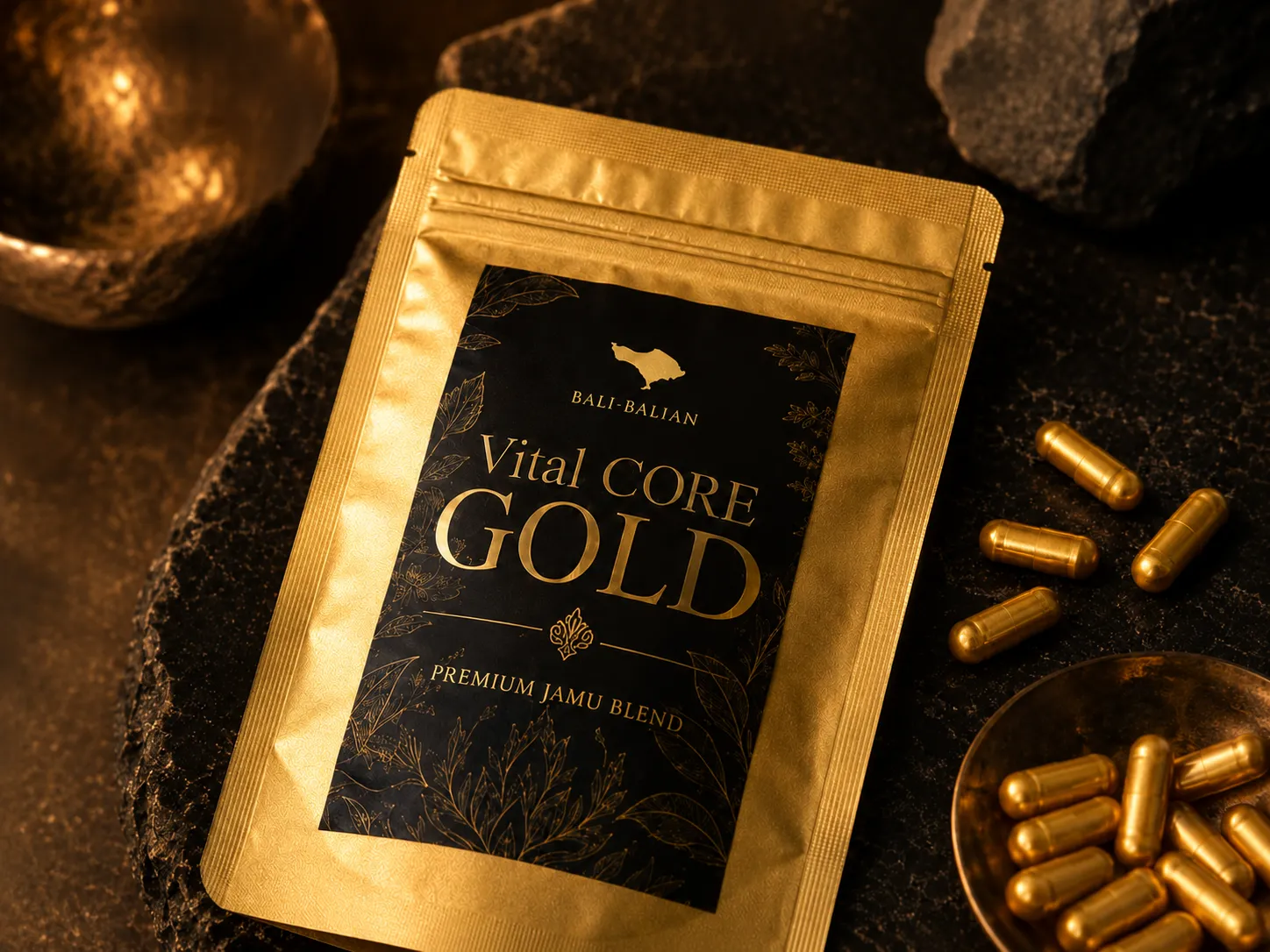 Vital CORE GOLDのゴールドパッケージと植物素材