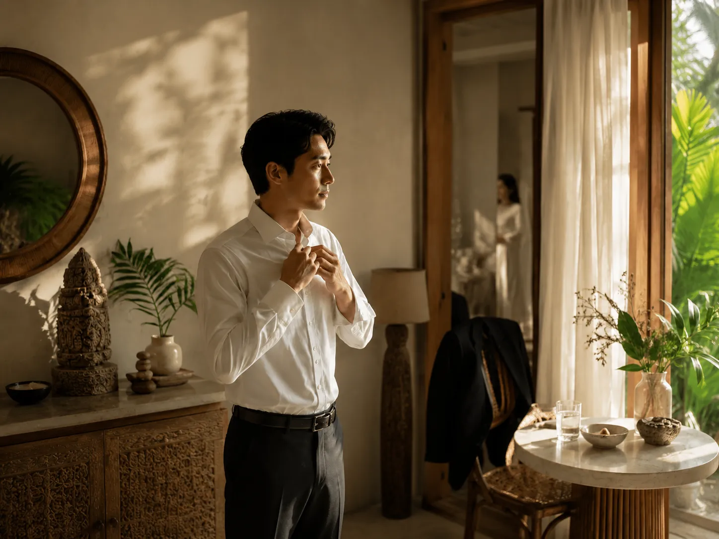 大切な人との時間を想いながら身支度を整える男性のイメージ