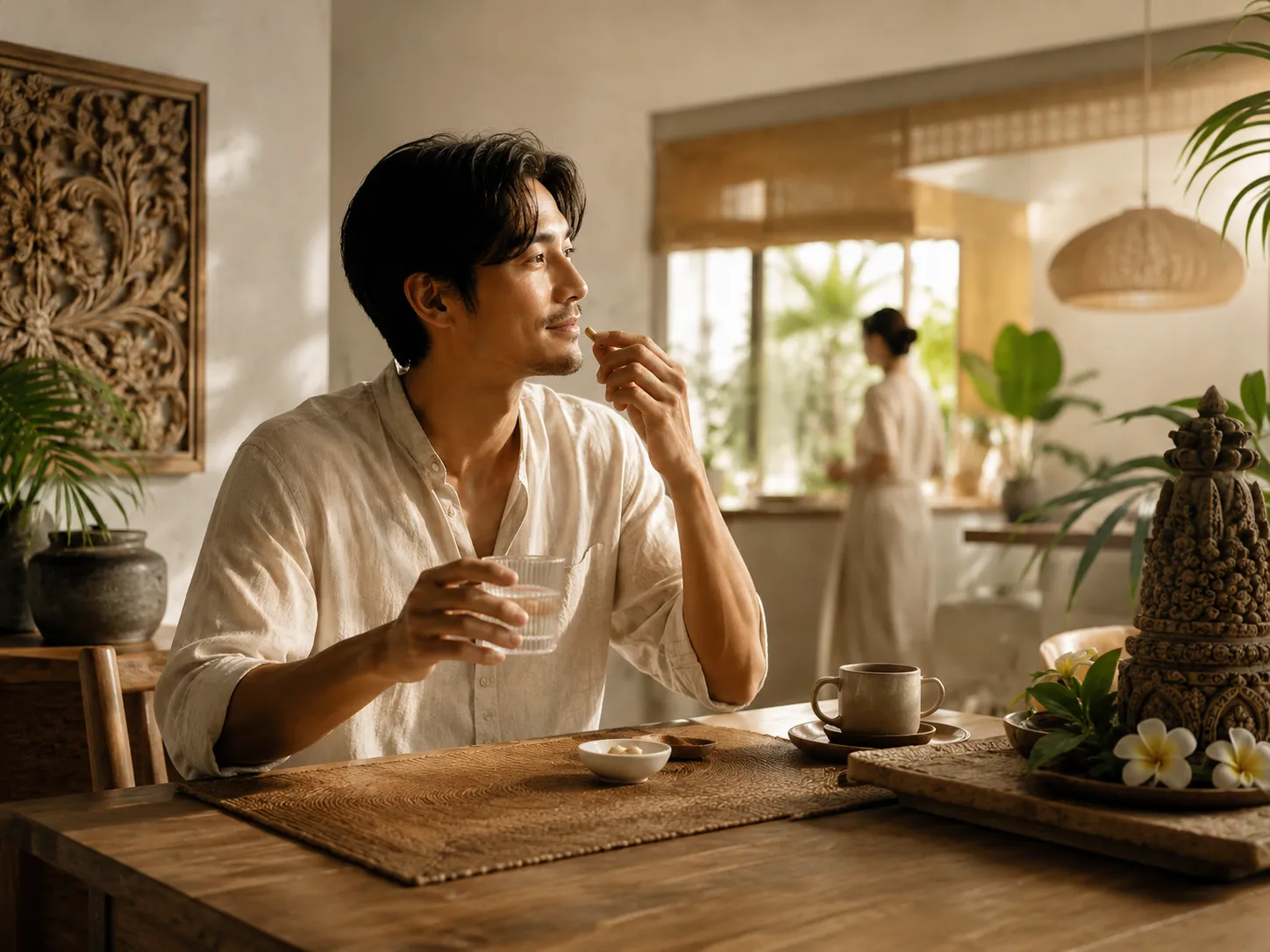 大切な人との時間を想いながら、朝のセルフケアを取り入れる男性のイメージ