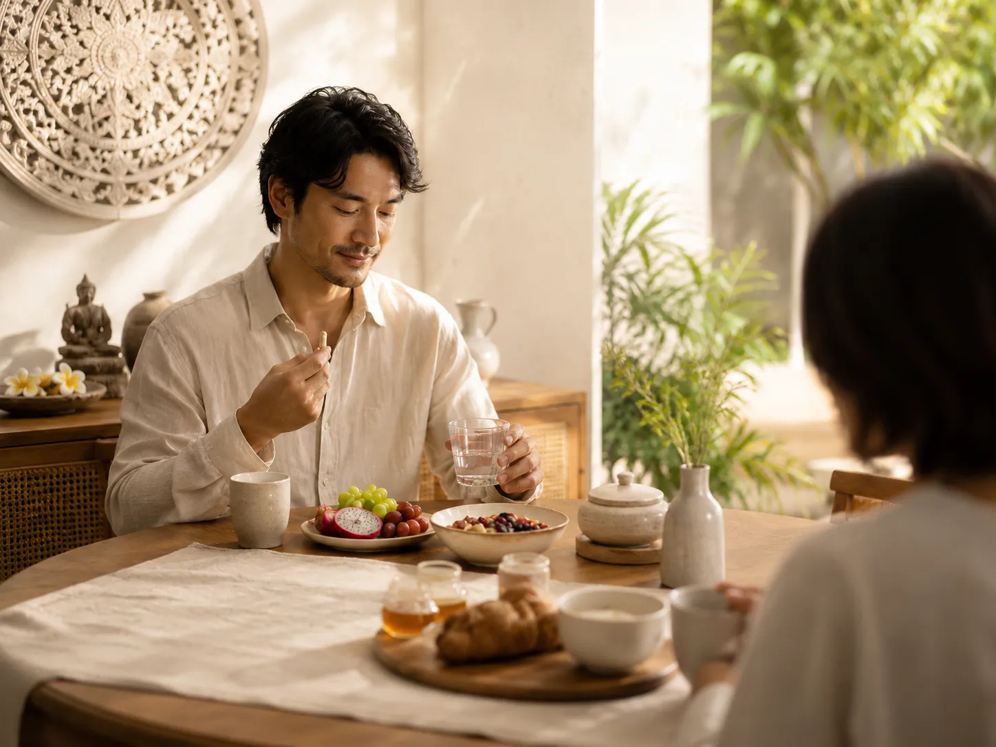 大切な人と朝食を囲みながら、日々の習慣を取り入れる男性のイメージ