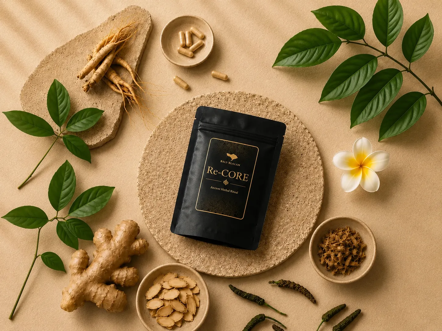 Re-CORE Men's Jamu Blendの商品パッケージと植物素材