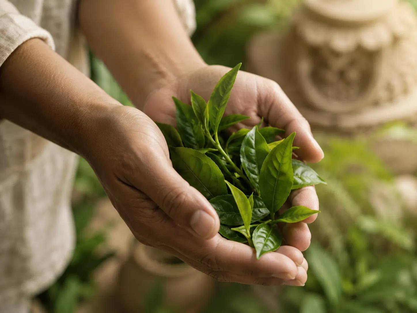 収穫した植物の葉を手にするイメージ