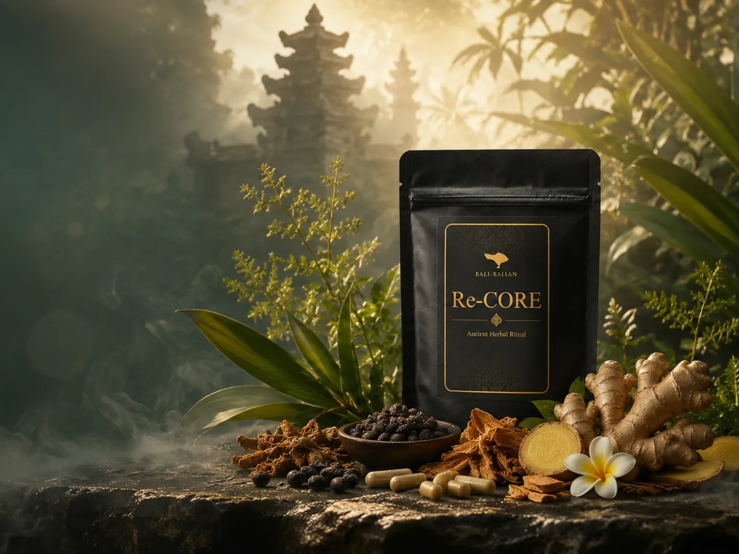 Re-CORE 7日間トライアルの商品パッケージと植物素材