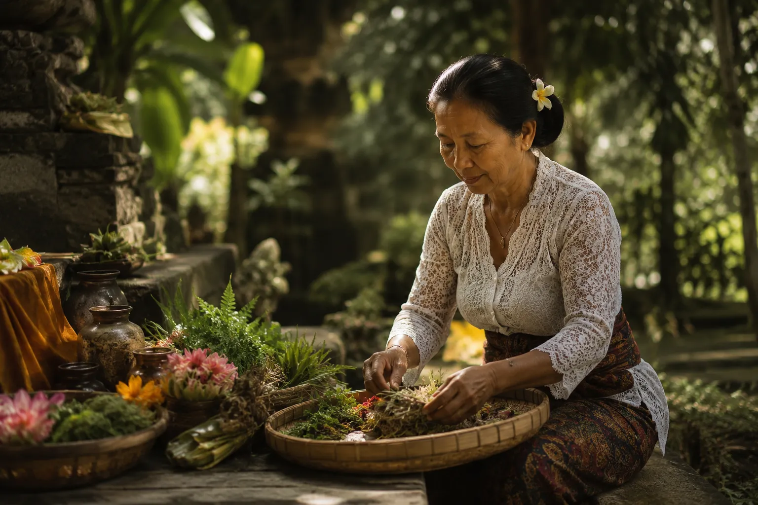 植物や花を整えるバリ島の女性