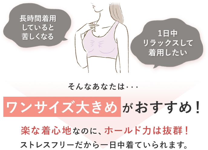 長時間着用していると苦しくなる 1日中リラックスして着用したい そんなあなたは・・・ワンサイズ大きめがおすすめ！楽な着心地なのに、ホールド力は抜群！
                    ストレスフリーだから一日中着ていられます。