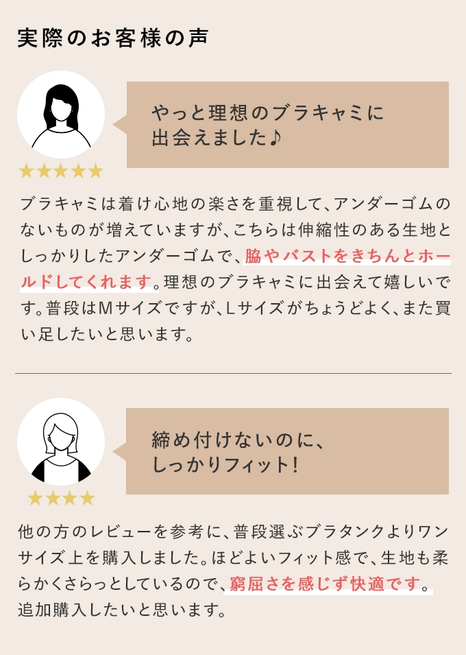 実際のお客様の声 やっと理想のブラキャミに出会えました♪ 締め付けないのに、しっかりフィット！