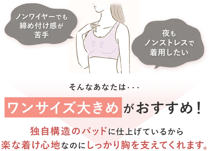 ノンワイヤーでも締め付け感が苦手夜もノンストレスで着用したいそんなあなたは・・・ワンサイズ大きめがおすすめ！独自構造のパッドに仕上げているから楽な着け心地なのにしっかり胸を支えてくれます。