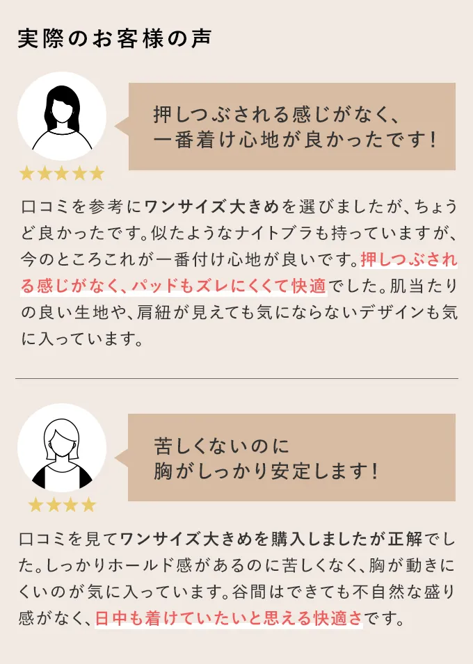 実際のお客様の声 押しつぶされる感じがなく、一番着け心地が良かったです！苦しくないのに胸がしっかり安定します！
