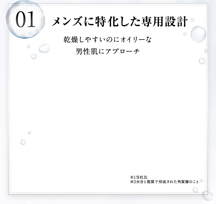 01 メンズに特化した専用設計 乾燥しやすいのにオイリーな男性肌にアプローチ ※1当社比 ※2水分と脂質で形成された角質層のこと