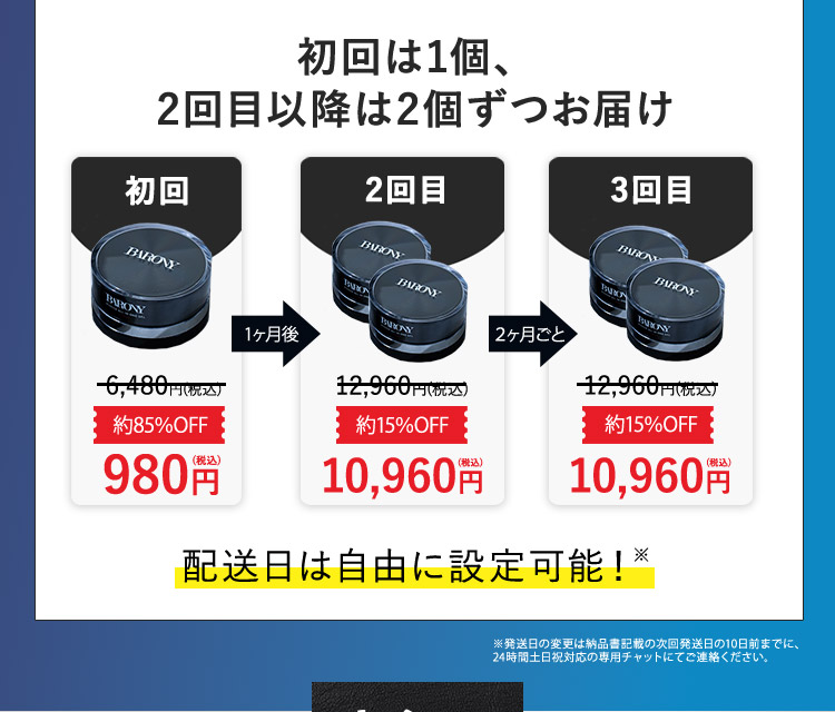 初回は1個、2回目以降は2個ずつお届け 初回 通常6,480円（税込） 約85％OFF 980円（税込） 1ヶ月後 2回目 12,960円（税込） 約15％OFF 10,960円（税込） 2ヶ月ごと 3回目 12,960円（税込） 約15％OFF 10,960円（税込） 配送日は自由に設定可能！※ ※発送日の変更は納品書記載の次回発送日の10日前までに、24時間土日祝対応の専用チャットにてご連絡ください。
