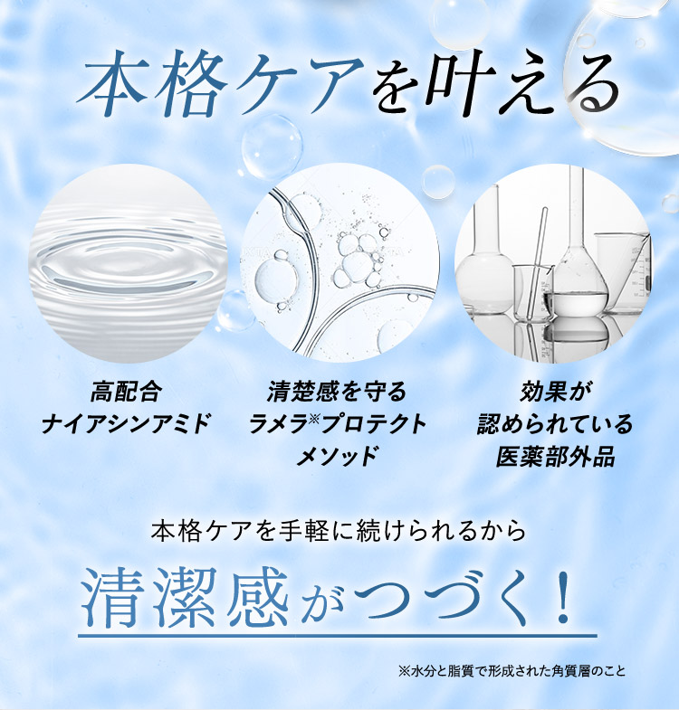 本格ケアを叶える 高配合ナイアシンアミド 清楚感を守るラメラ※プロテクトメソッド 効果が認められている医薬部外品 本格ケアを手軽に続けられるから清潔感がつづく！ ※水分と脂質で形成された角質層のこと