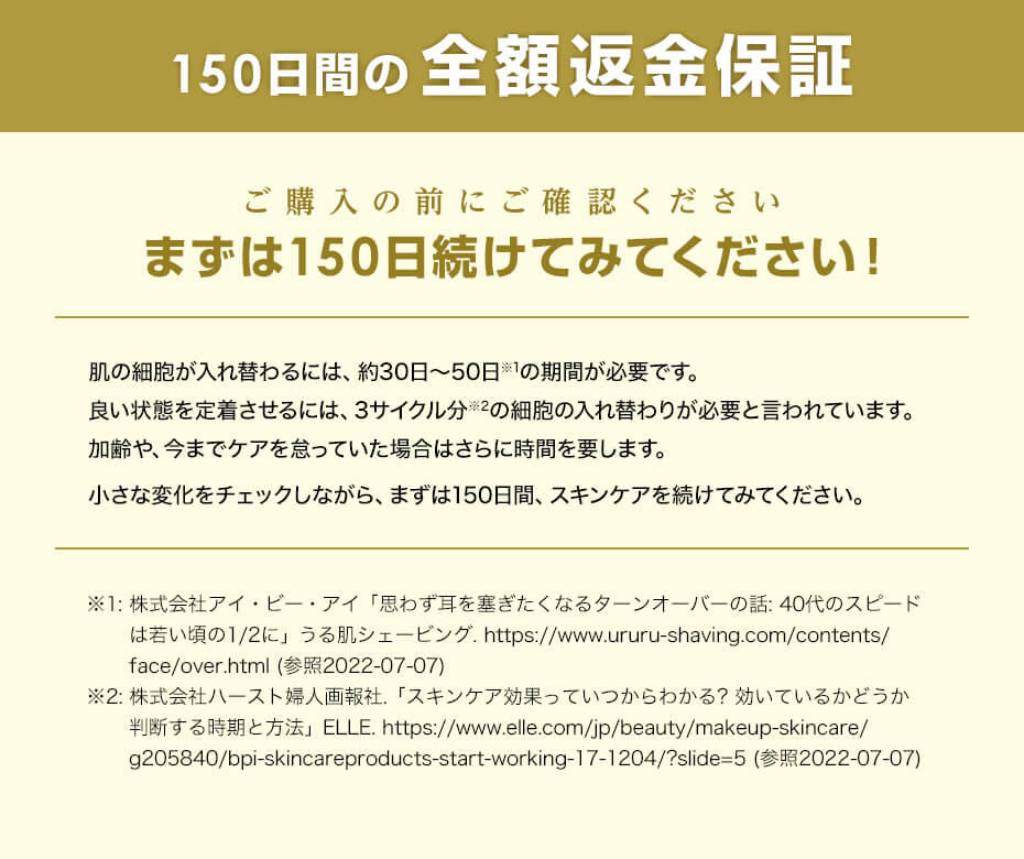 150日間の全額返金保証 ご購入の前にご確認ください まずは150日続けてみてください! 肌の細胞が入れ替わるには、約30日～50日※1の期間が必要です。良い状態を定着させるには、3サイクル分※2の細胞の入れ替わりが必要と言われています。加齢や、今までケアを怠っていた場合はさらに時間を要します。小さな変化をチェックしながら、まずは150日間、スキンケアを続けてみてください。※1：株式会社アイ・ビー・アイ.「思わず耳を塞ぎたくなるターンオーバーの話：40代のスピードは若い頃の1/2に」.うる肌シェービング. https://www.ururu-shaving.com/contents/face/over.html（参照2022-07-07)※2：株式会社ハースト婦人画報社.「スキンケア効果っていつからわかる？効いているかどうか断する時期と方法」.ELLE. http://www.elle.com/jp/beauty/makeup-skincare/g205840/bpi-skincareproducts-start-working-17-1204/?slide=5(参照2022-07-07)