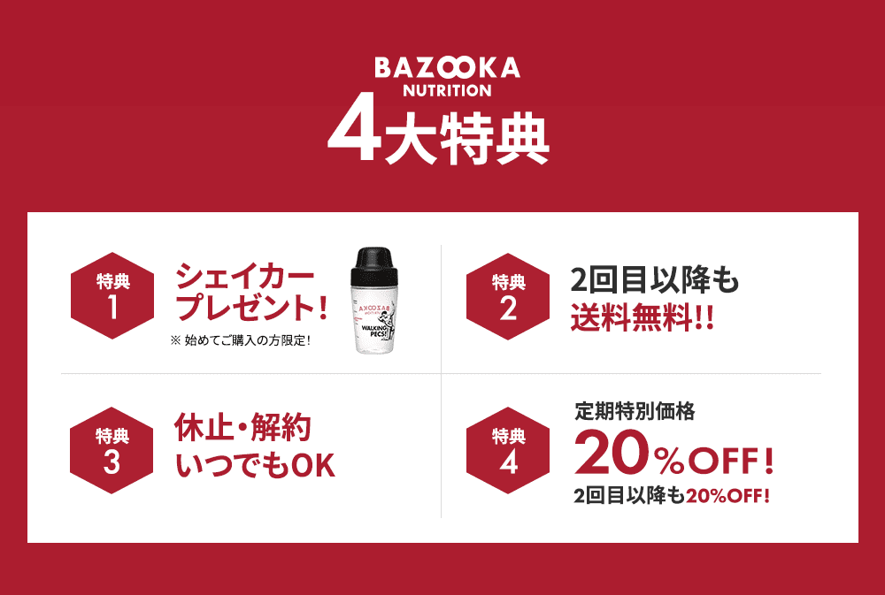 BAZOOKA NUTRITION 5大特典／①初回特別価格50%OFF、②定期購入なら送料無料、③休止・解約いつでもOK、④シェイカープレゼント、⑤続ける程にお得なステップ割