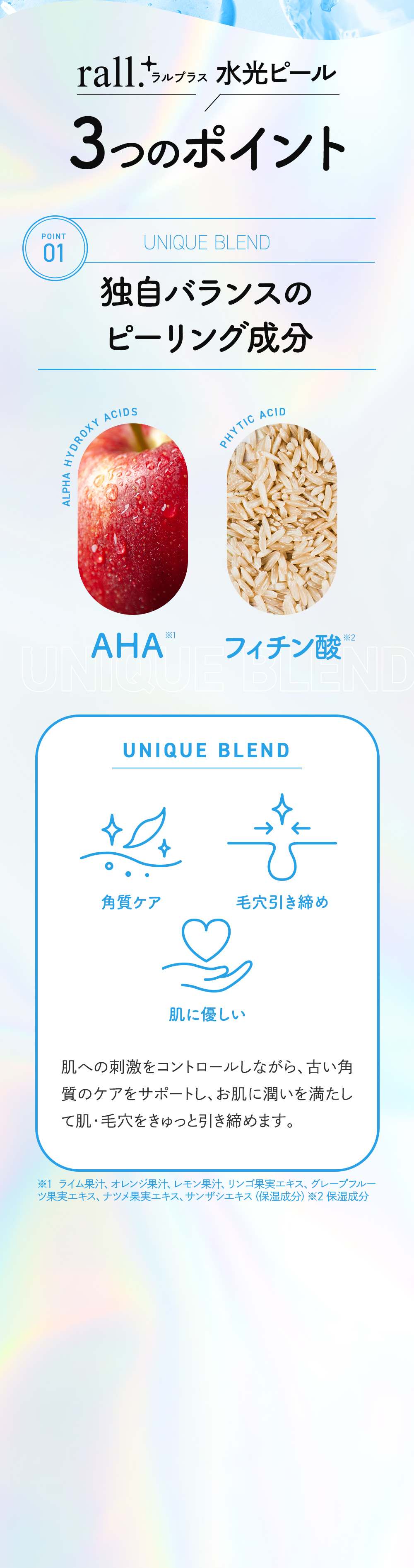独自のバランスのピーリング成分　AHA フィチン酸