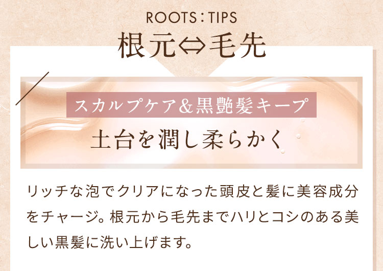 リッチな泡でクリアになった頭皮と髪に美容成分をチャージ。