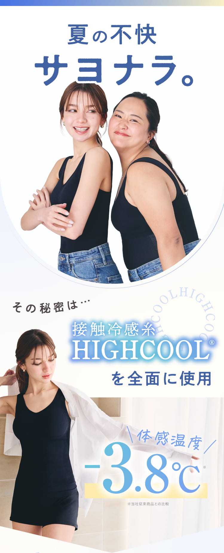 夏の不快サヨナラ。接触冷感糸HIGHCOOL®を全面に使用し体感温度マイナス3.8℃。