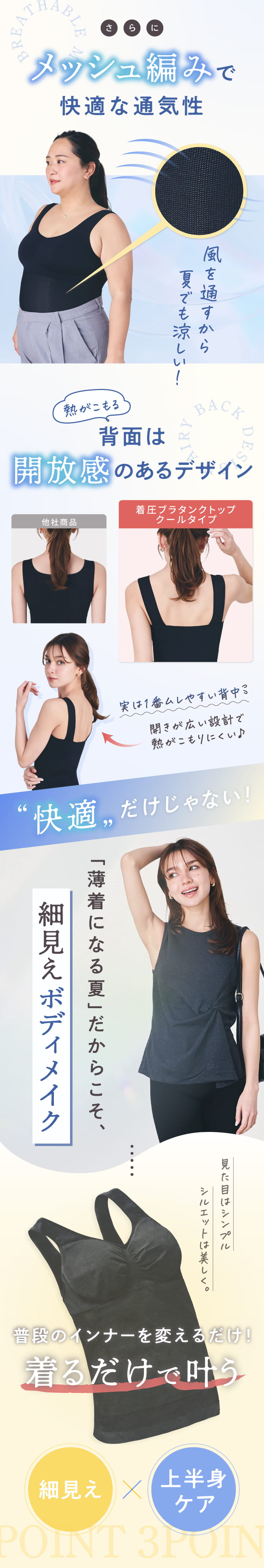メッシュ編みで快適な通気性。背面は開放感のあるデザインで熱がこもりにくい♪「薄着になる夏」だからこそ、細見せボディメイク！