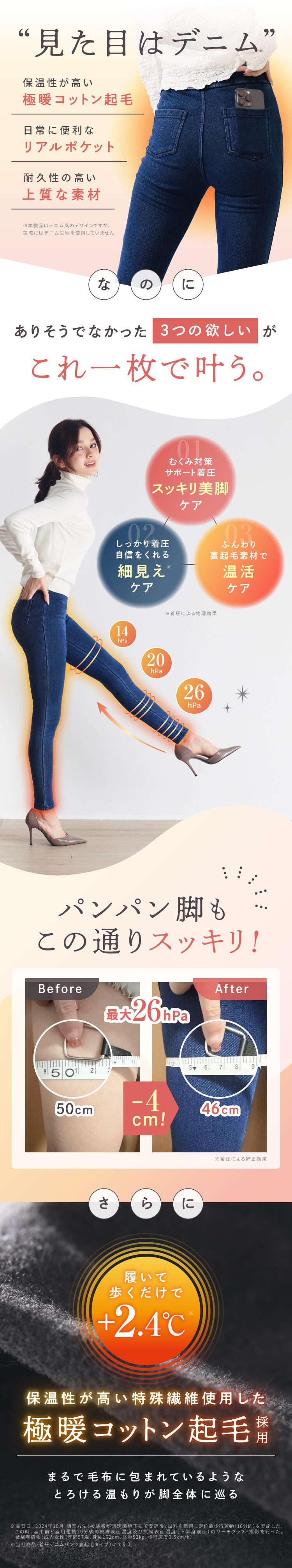 着圧デニムパンツ裏起毛タイプの機能・効果の概要