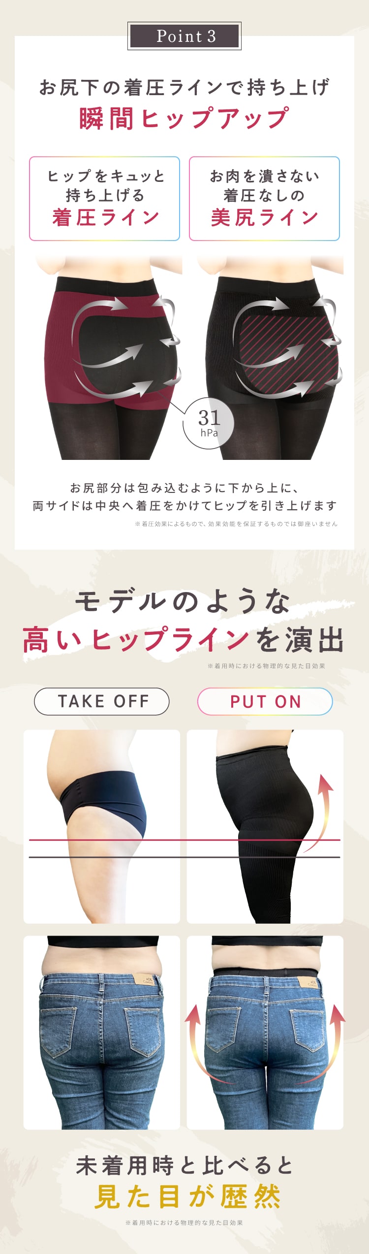 お尻下の着圧ラインで持ち上げ瞬間ヒップアップ