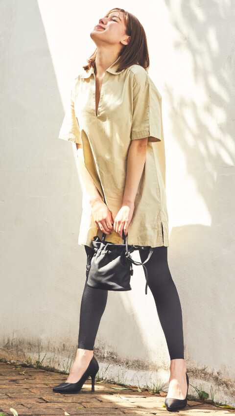 リブ着圧レギンスクールタイプとチェスターコートのコーディネート例