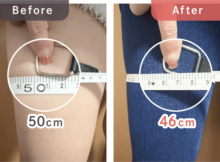 着圧デニムパンツ裏起毛タイプ着用後、太ももが-4.5cmになっている写真