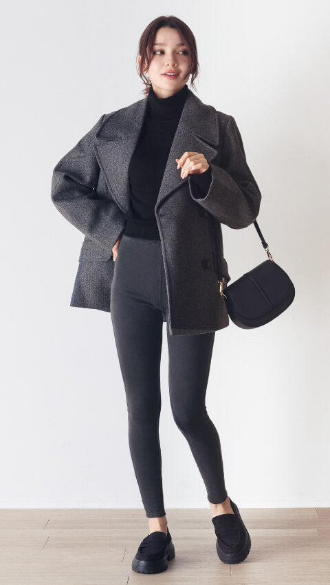 着圧デニムパンツ裏起毛タイプとチェスターコートのコーディネート例