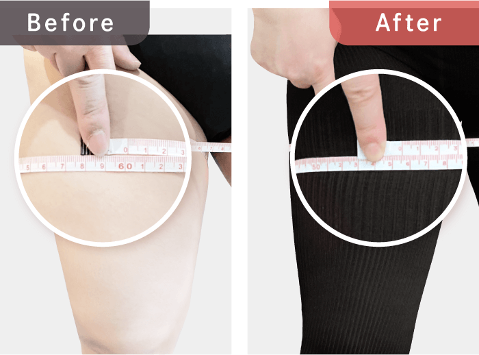 プレーン着圧レギンス着用後、太ももが-4.5cmになっている写真