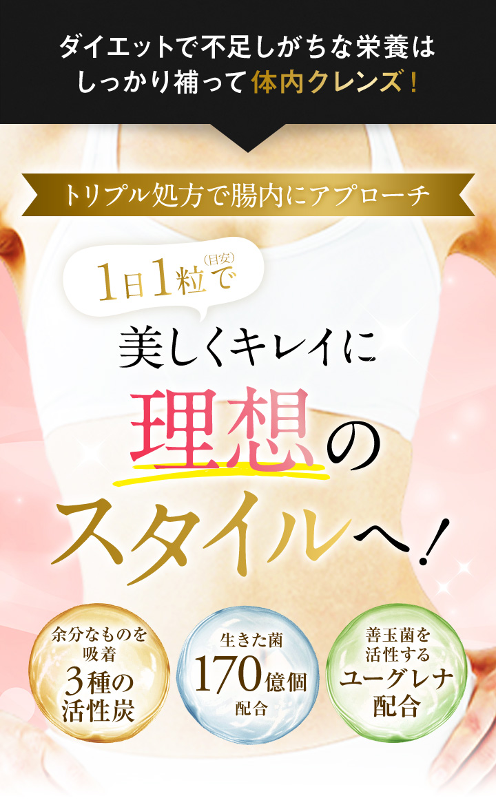 ダイエットで不足しがちな栄養はしっかり補って体内クレンズ！ トリプル処方で腸内にアプローチ1粒1粒で美しくキレイに理想のスタイルへ！